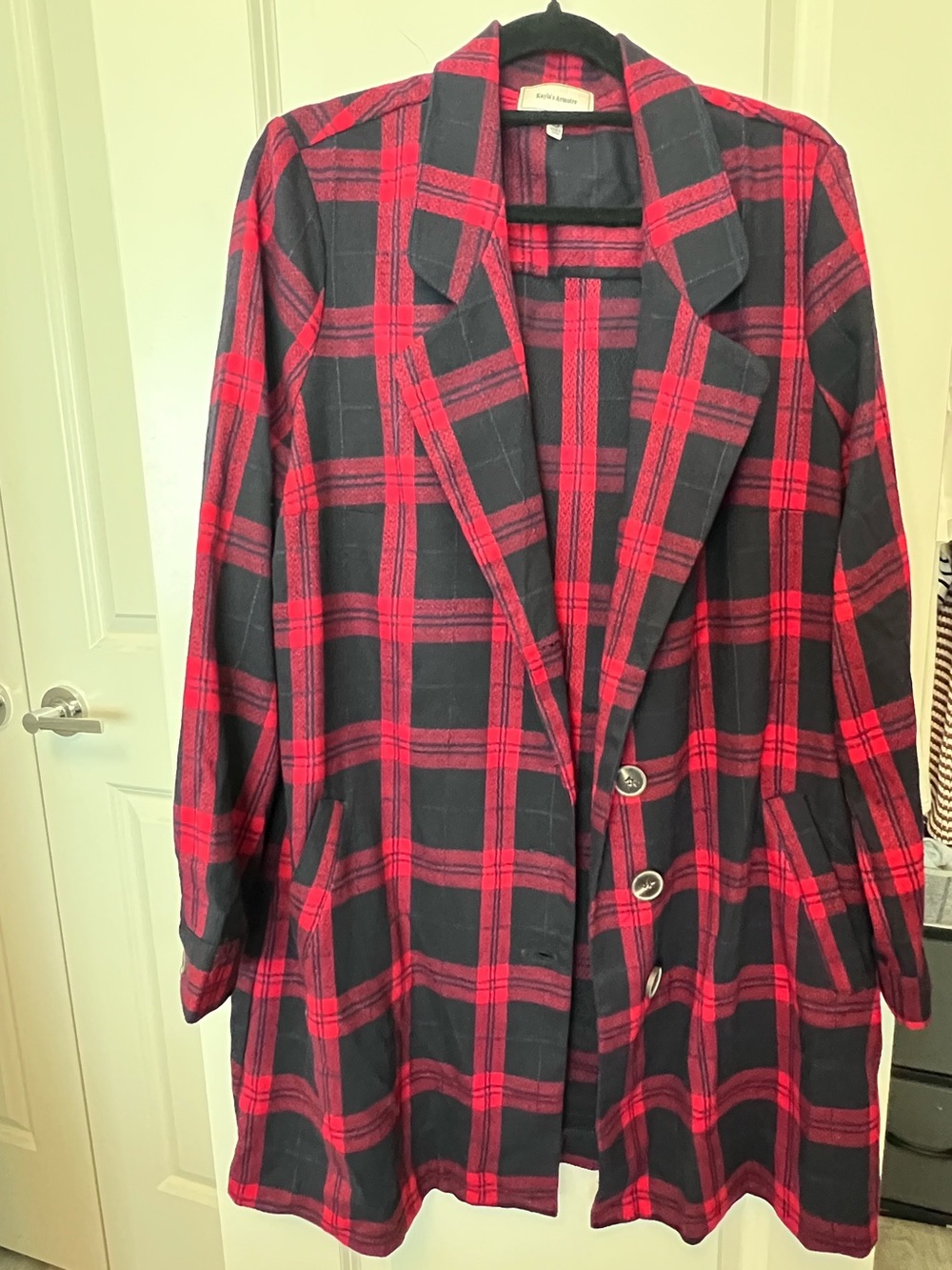 Red & Black Plaid Single-Breasted Women's Blazer Jacket